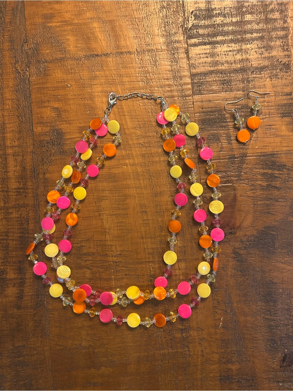 Colorful Multi-Strand Disc Necklace & Earrings - Pink, Orange, Yellow